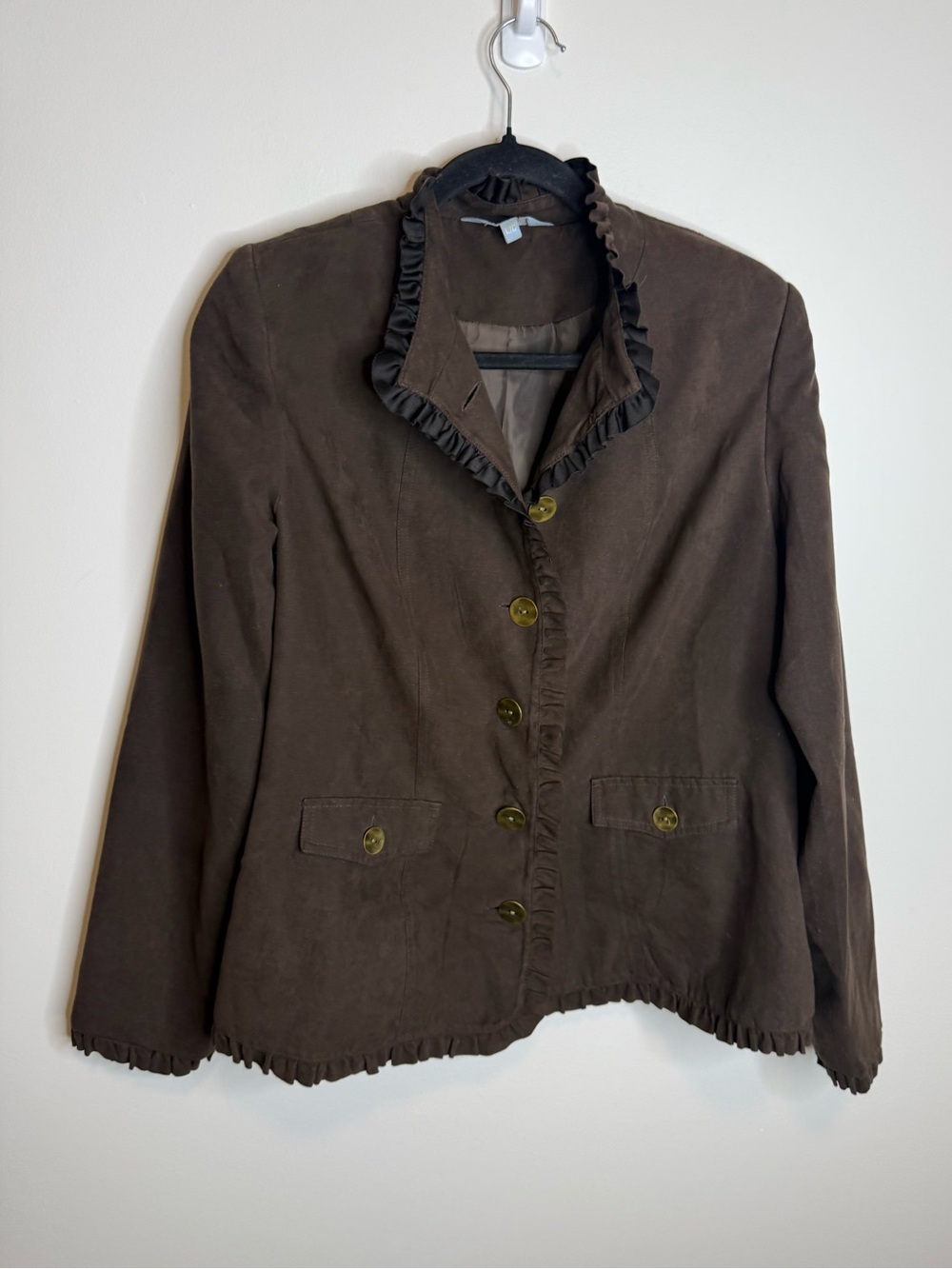 Denver Hayes Brown Ruffle-Trim Utility Blazer Jacket suede size large